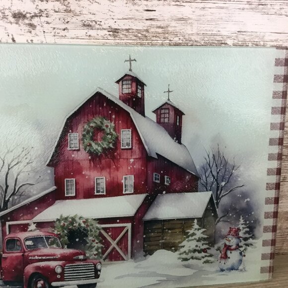 Red Truck Christmas on the Farm Glass Cutting Board 8" x 11.25" - Picture 6 of 8